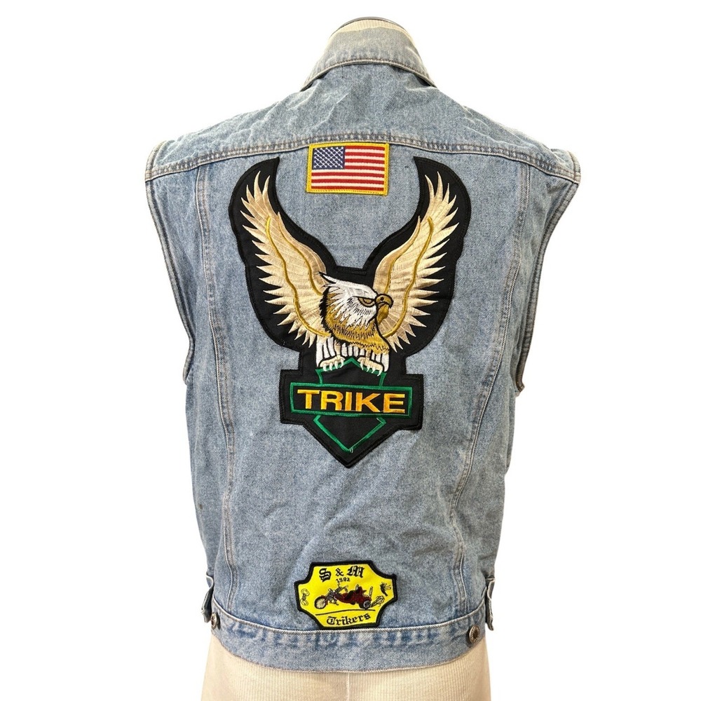 Vintage Werner Beinhart Mens Denim Biker Vest L Light Wash Trike Eagle Patches